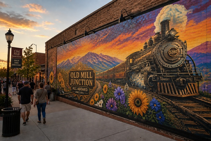 Visitors gathering beside the Sunset Rails Mural during a summer evening art walk.