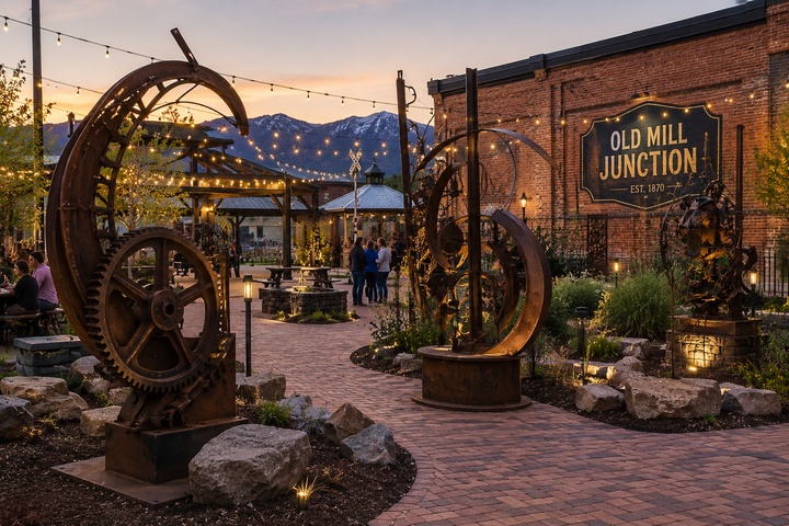Welded steel sculptures displayed throughout Depot Square Plaza.