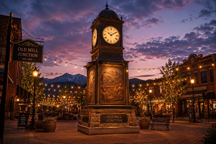The Timekeeper Clock Tower illuminated during a winter festival evening.